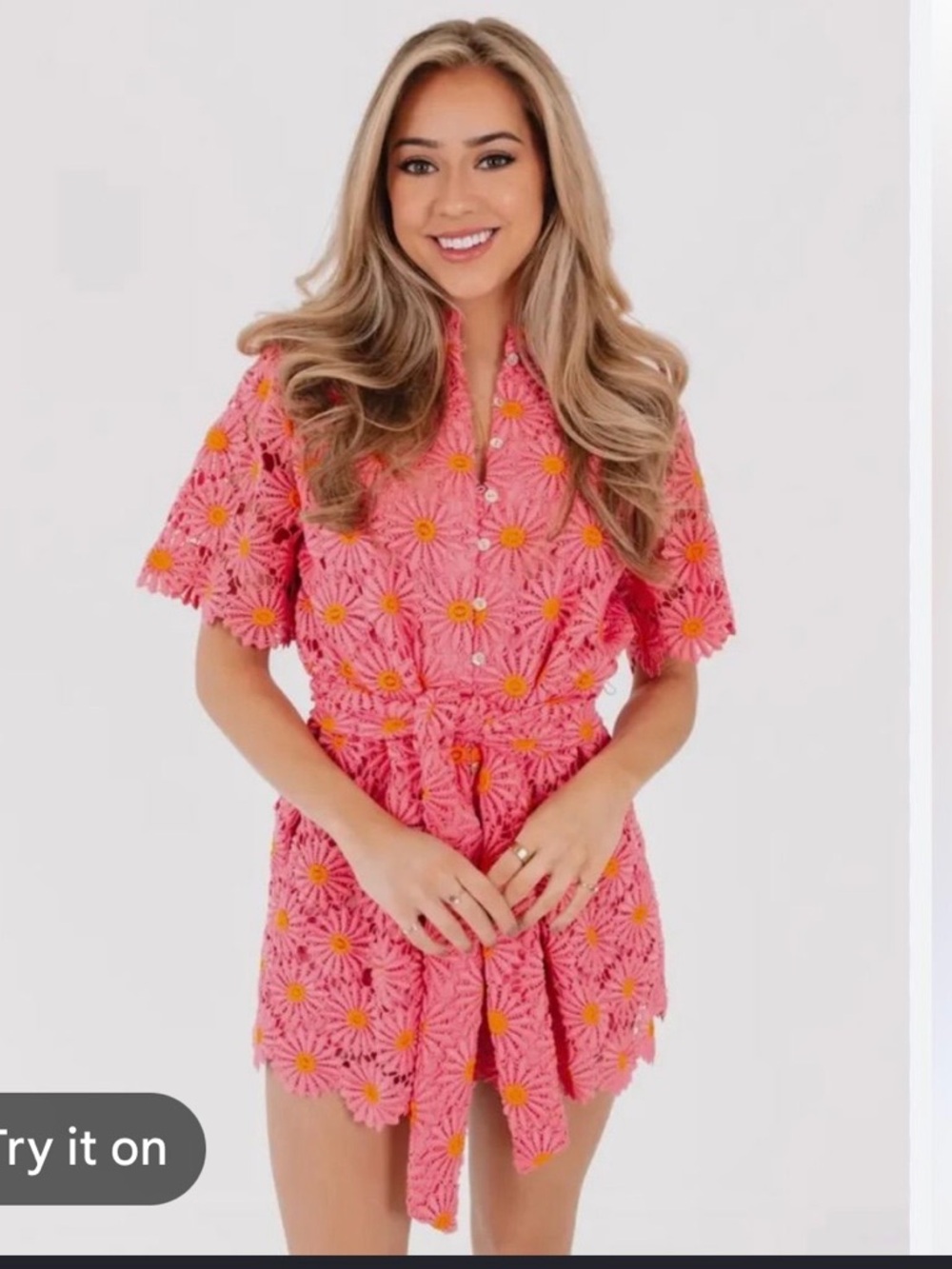 J. Marie NWT Pink & Orange Scalloped Crochet Lele Floral Romper Small